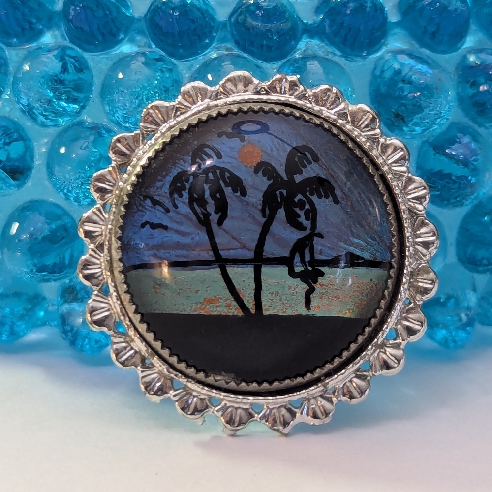 Vtg Blue Morpho Butterfly Wing Brooch- Reverse Painted Tropical Beach Palm Tree